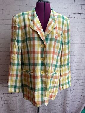 Howard Wolf vintage linen blend jacket cream and colorful plaid size 14